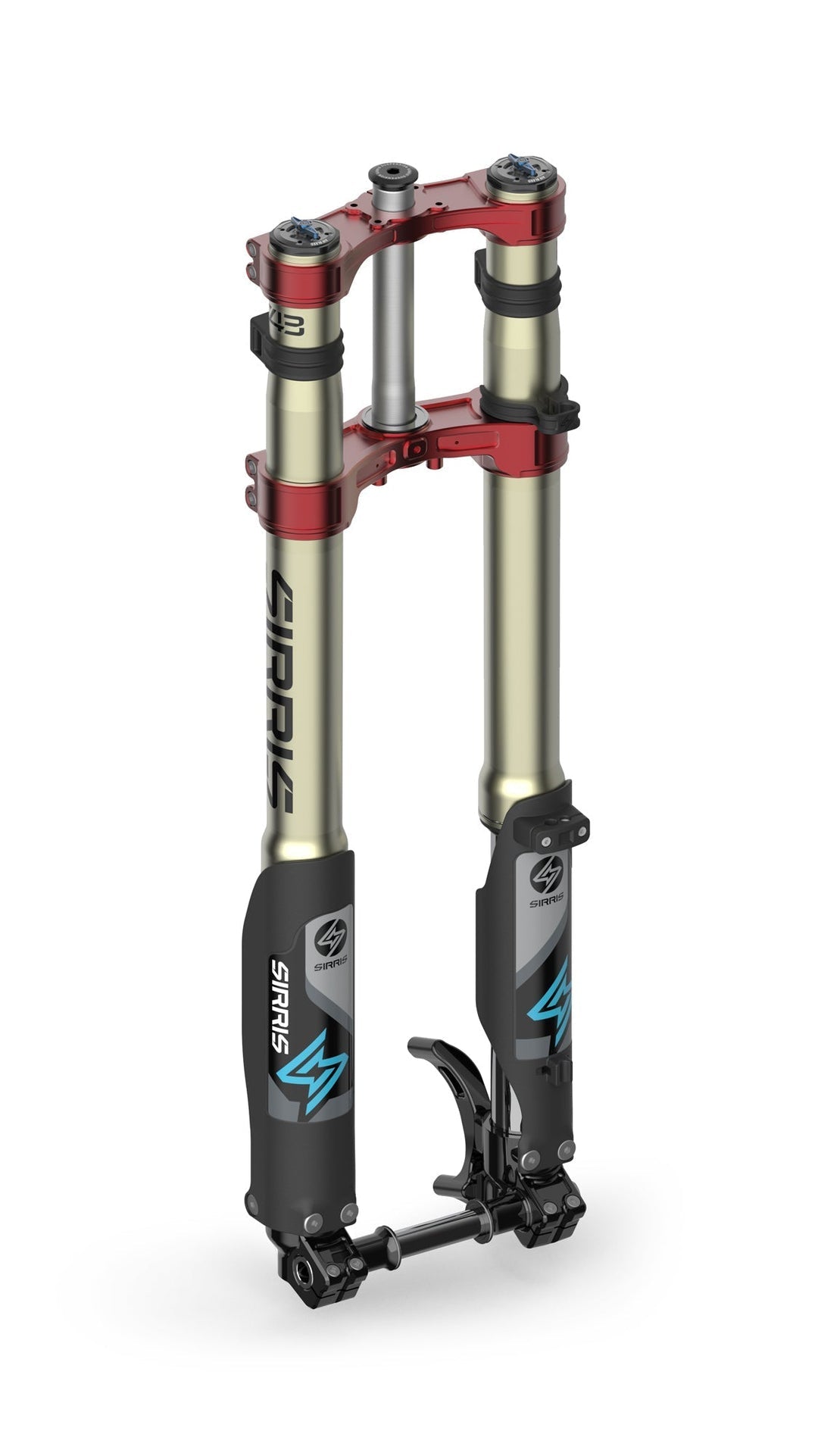 Modded Moto Co Sirris F43 CMX front fork for Light Bee and E-Ride Pro electric bikes, shown in black with suspension components.