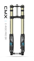 Modded Moto Co Sirris F43 CMX front fork for E-Ride Pro SR, showing sleek black design and sturdy construction.