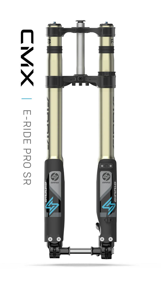 Modded Moto Co Sirris F43 CMX front fork for E-Ride Pro SR, showing sleek black design and sturdy construction.