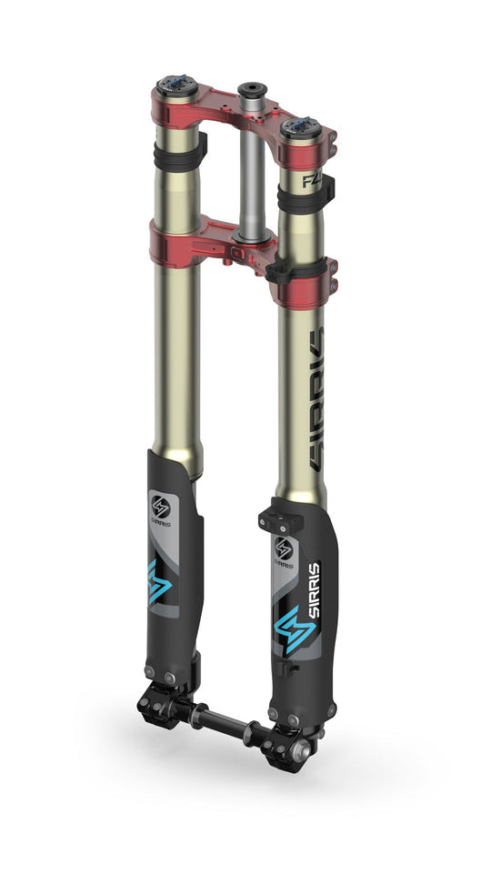 Modded Moto Co Sirris F43 CMX front fork for E-Ride Pro SR electric bike, shown in black with suspension components visible.