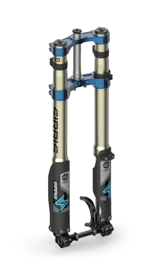 Modded Moto Co Sirris F43 CMX front fork for E-Ride Pro SR mountain bike, showing sleek black suspension components.