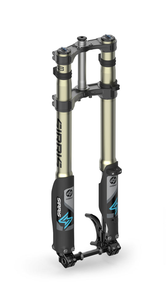 Modded Moto Co Sirris F43 CMX Front Fork for E-Ride Pro SR, showing a sleek black mountain bike fork with suspension components.