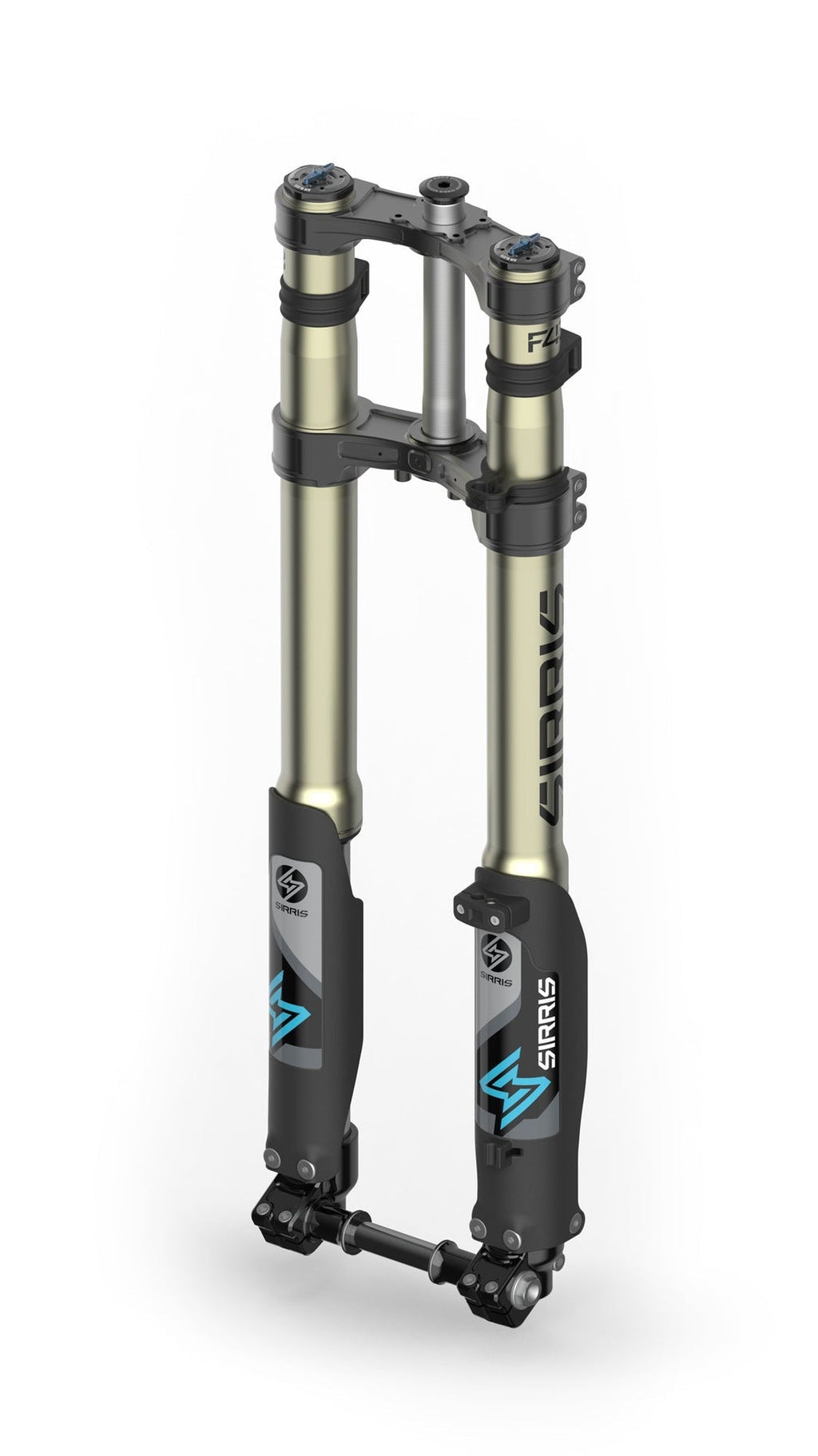 Modded Moto Co Sirris F43 CMX front fork for E-Ride Pro SR, showcasing durable suspension and sleek design in a close-up shot.