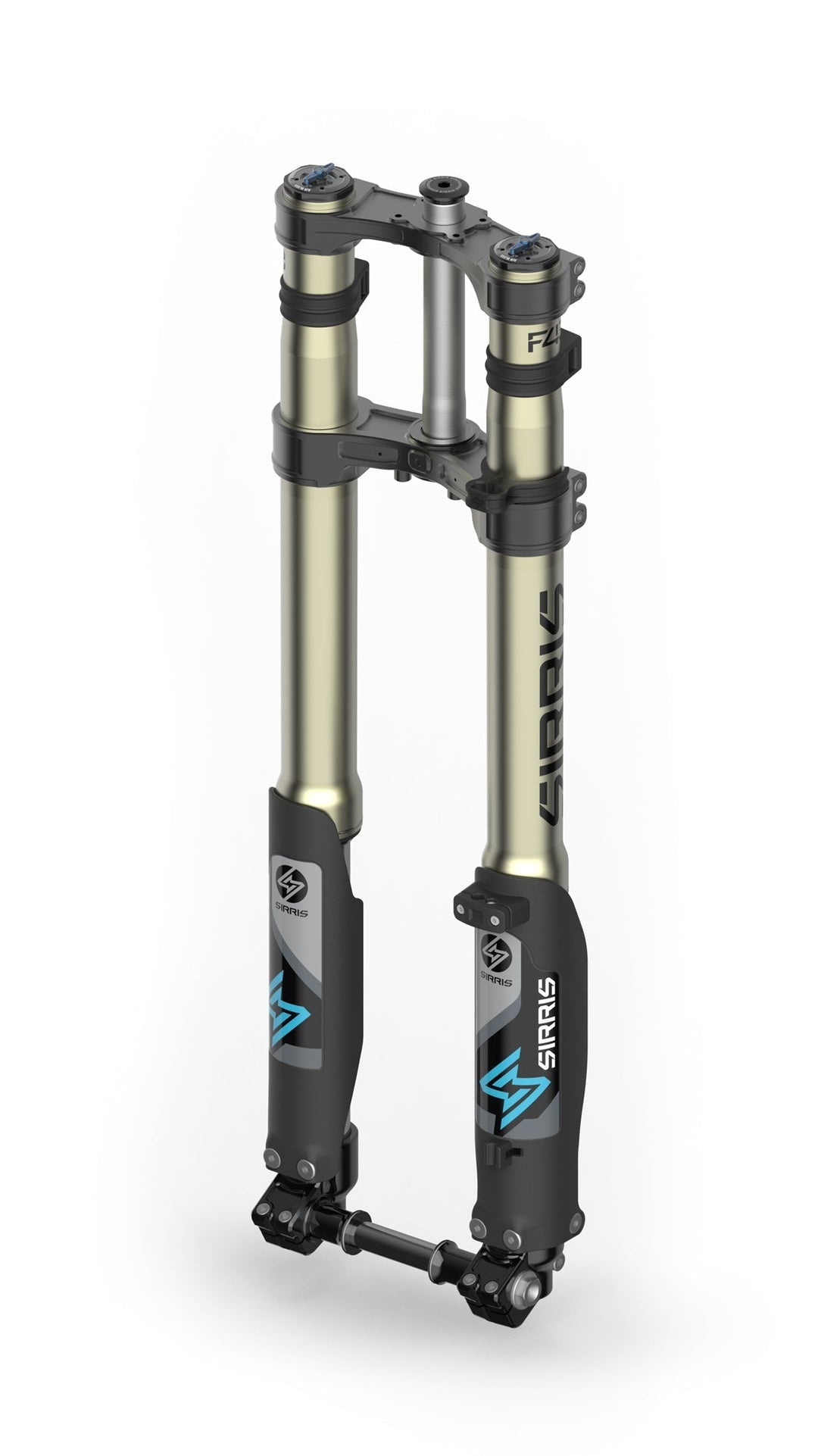 Modded Moto Co Sirris F43 CMX front fork for E-Ride Pro SR, showcasing durable suspension and sleek design in a close-up shot.