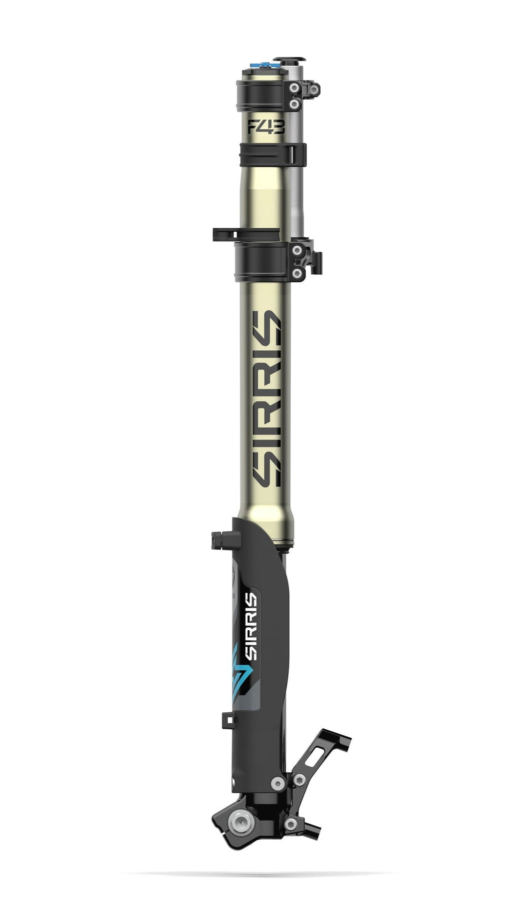 Modded Moto Co Sirris F43 CMX front fork for E-Ride Pro SR mountain bike, shown in black with detailed suspension components.