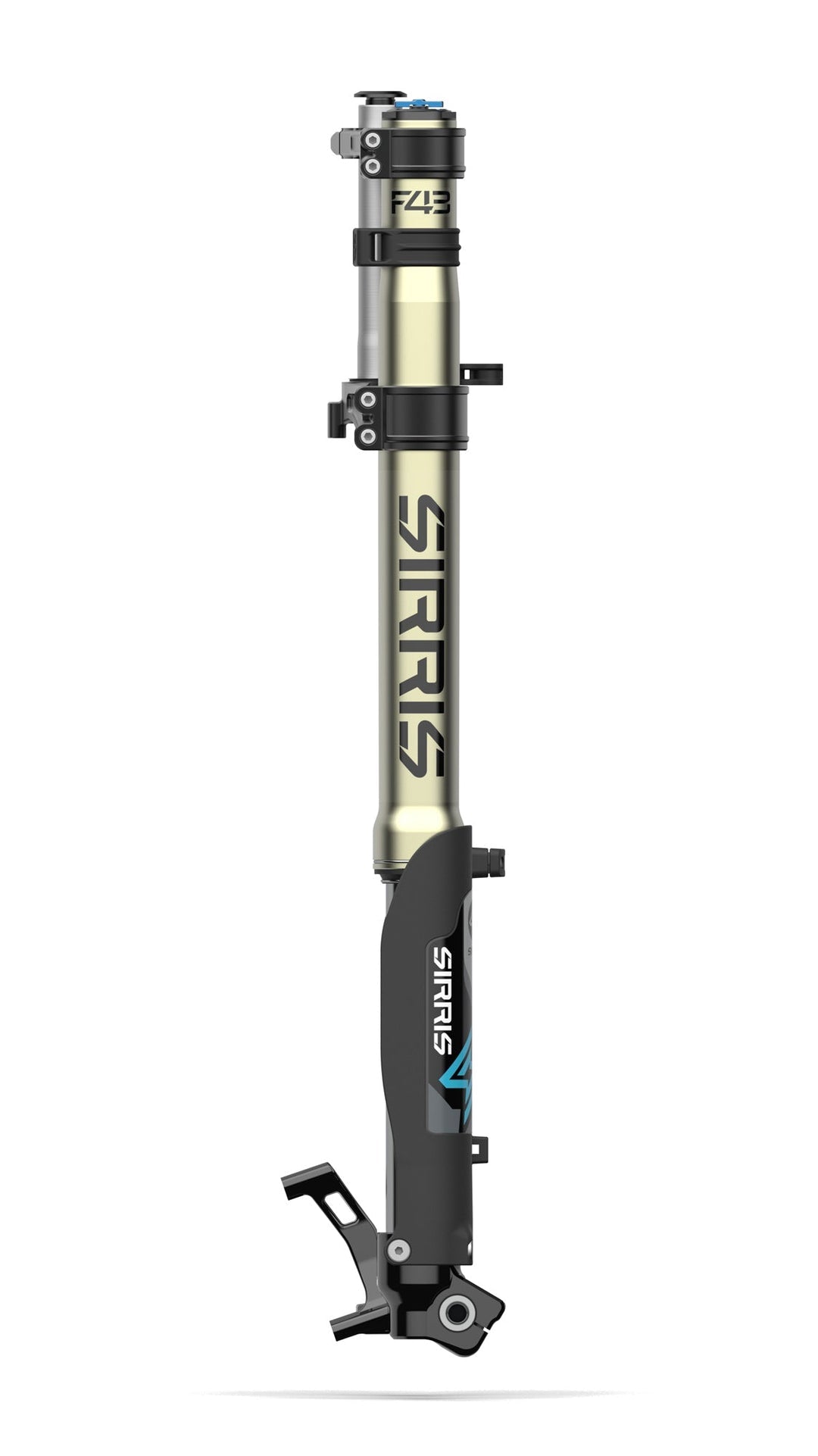 Modded Moto Co Sirris F43 CMX front fork for E-Ride Pro SR e-bike, showcasing sleek black suspension with mounting hardware.