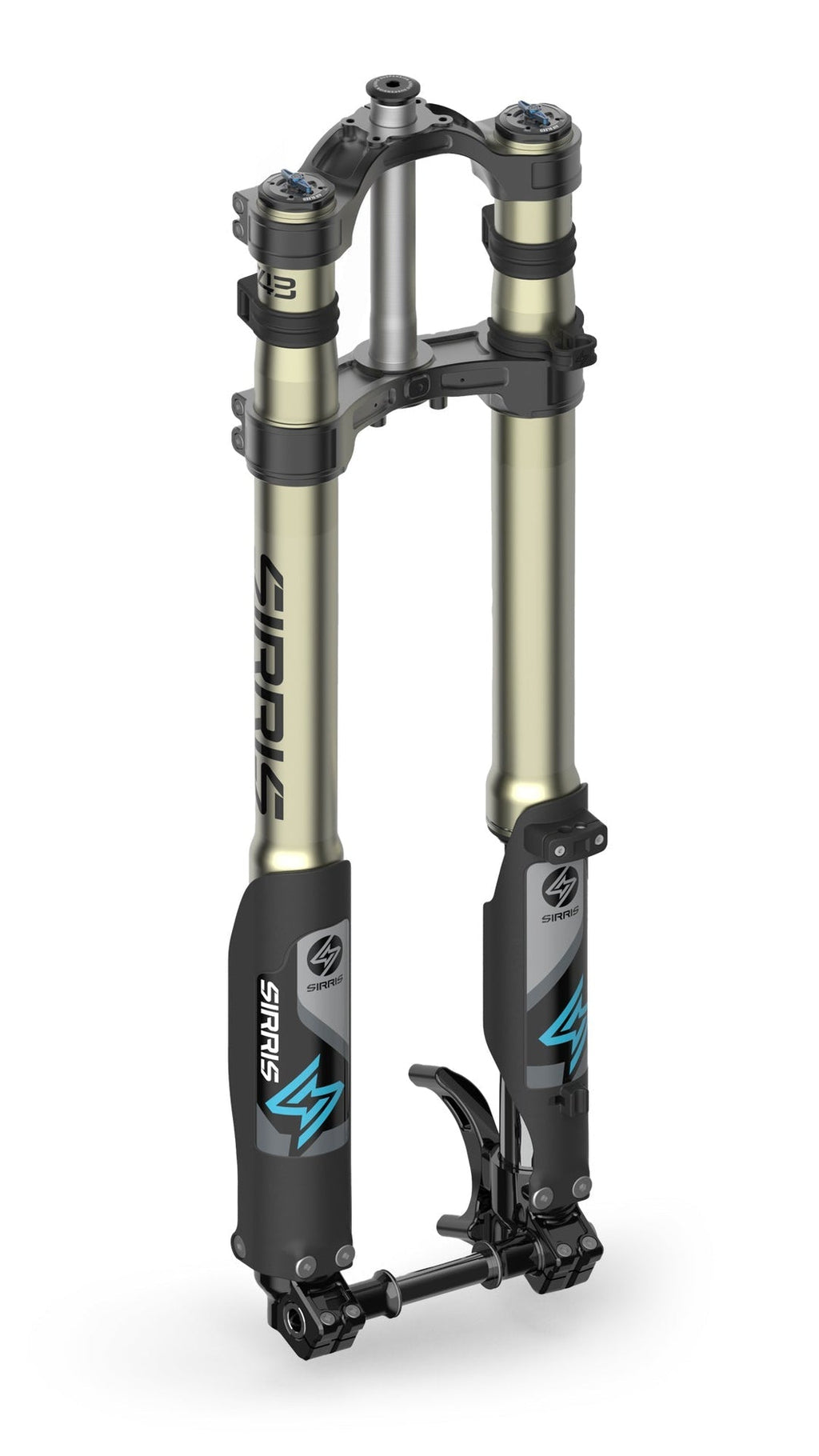 Modded Moto Co Sirris F43 CMX front fork for E-Ride Pro SR e-bike, showcasing the sturdy black suspension component.