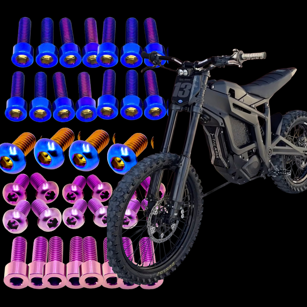 DevMoto Talaria MX3, MX4, MX5 titanium bolt kit with various fasteners on a white background.