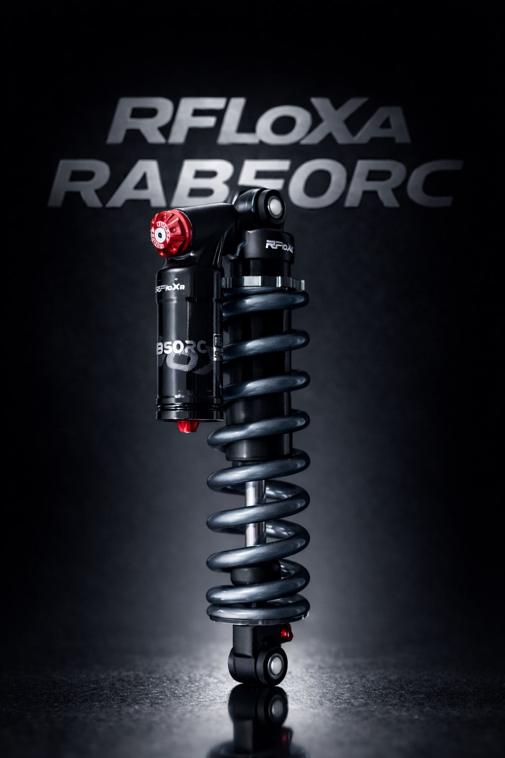 Modded Moto Co RFloXa RAB50RC reservoir rear shock for motorcycle, showing the shock absorber with reservoir and mounting components.