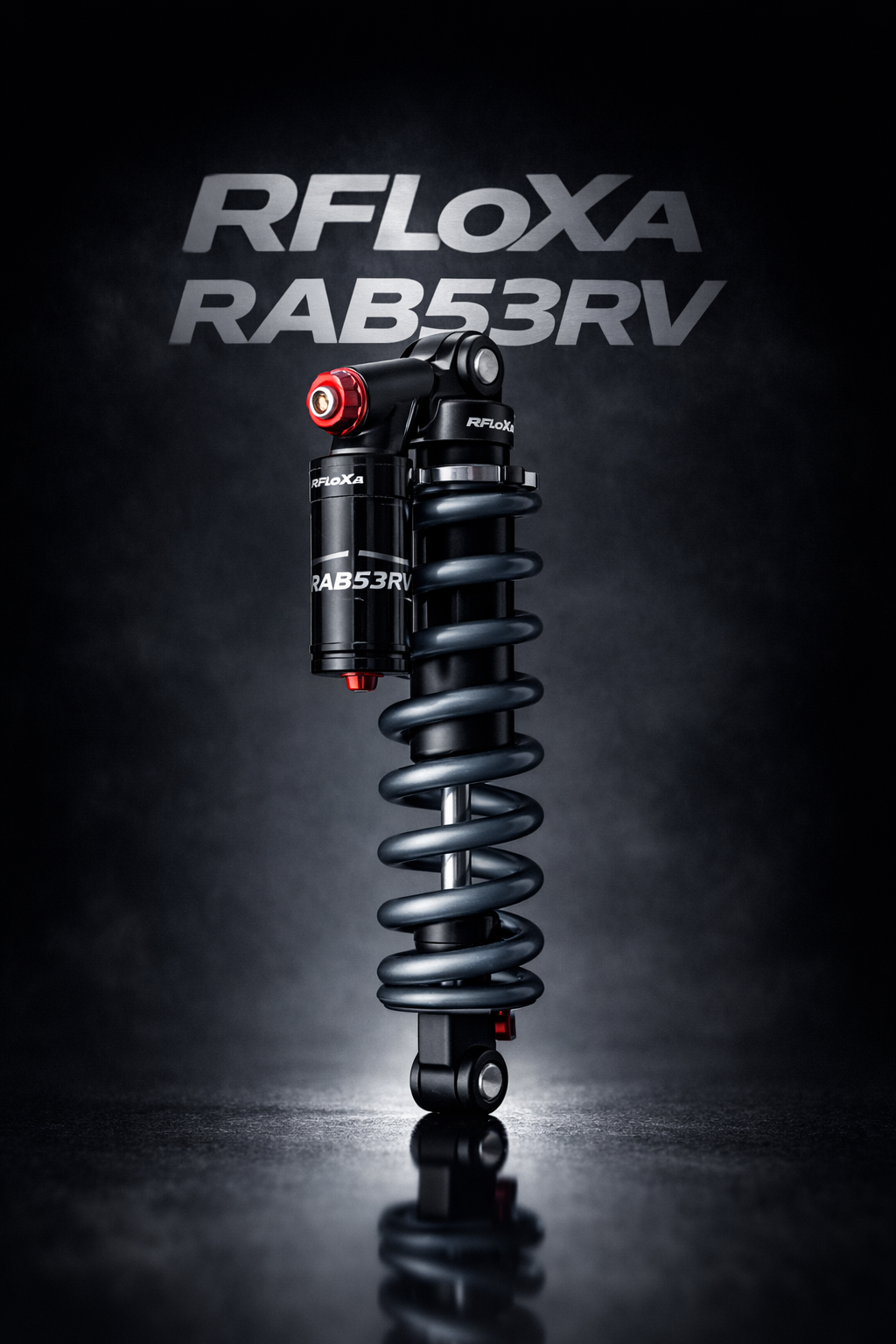 RFloXa RAB53RV rear shock absorber by Modded Moto Co, showcasing the shock's construction and mounting points.