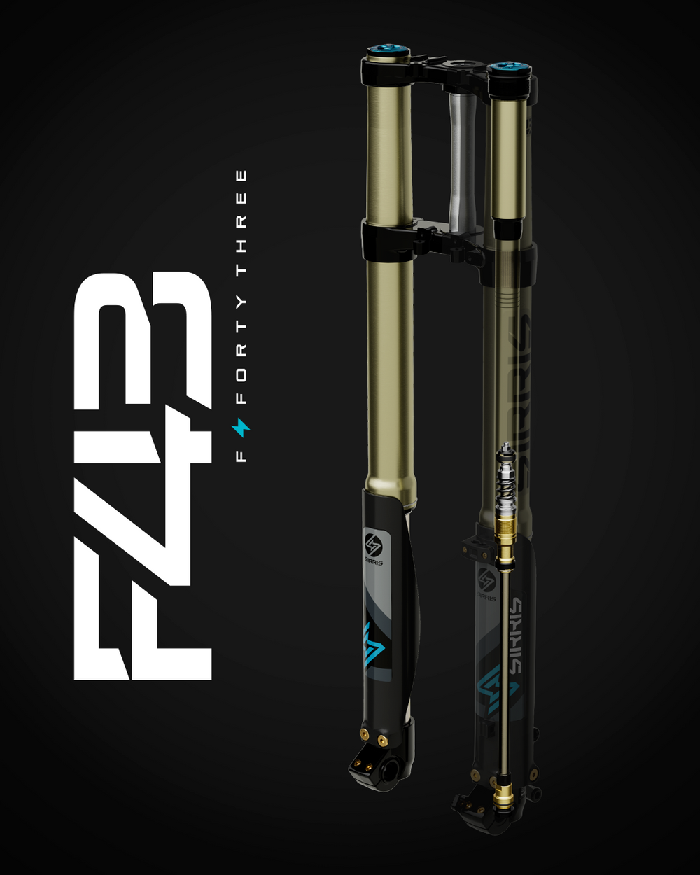 Modded Moto Co Sirris F43 Ultra Bee closed-cartridge fork, showcasing sleek black design and sturdy construction for motorcycle riding.