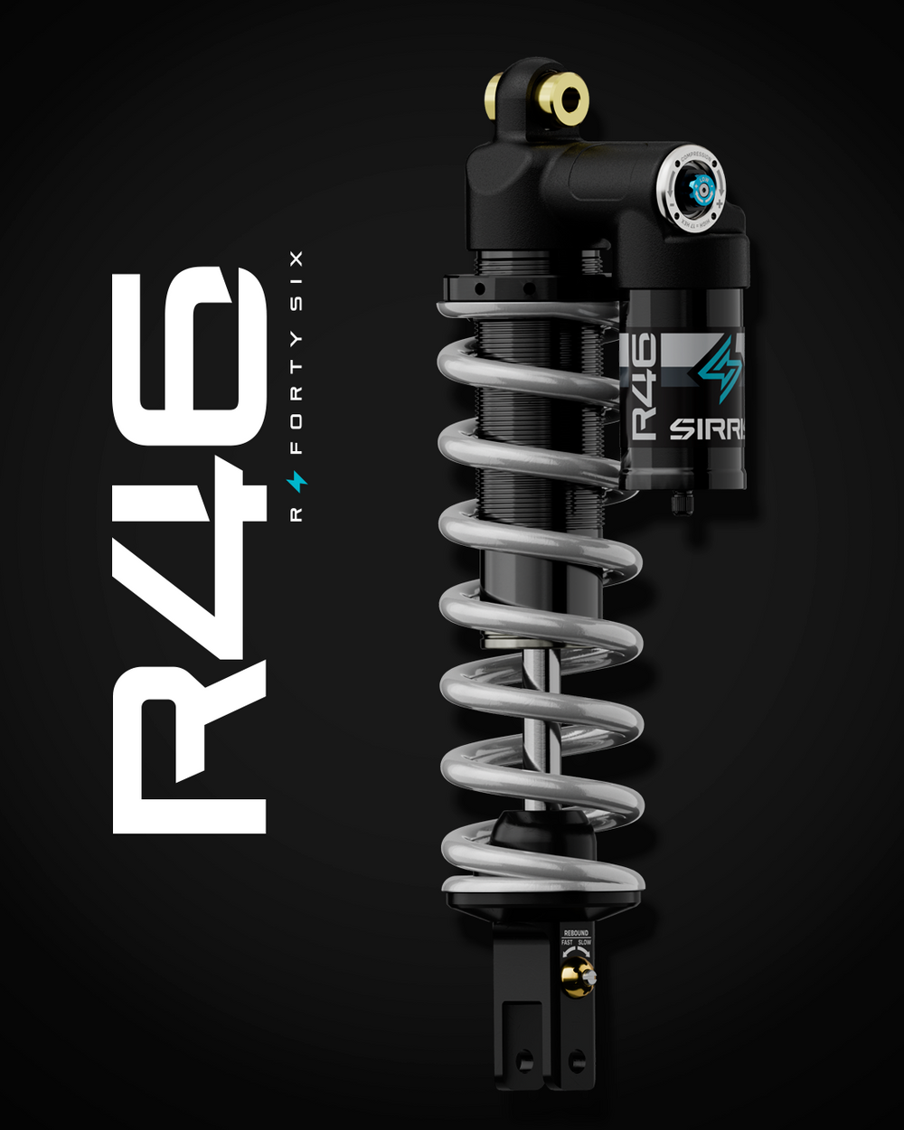 Modded Moto Co Sirris R46 Piggyback Shock for Ultra Bee motorcycle, showing the black shock absorber with attached piggyback reservoir.