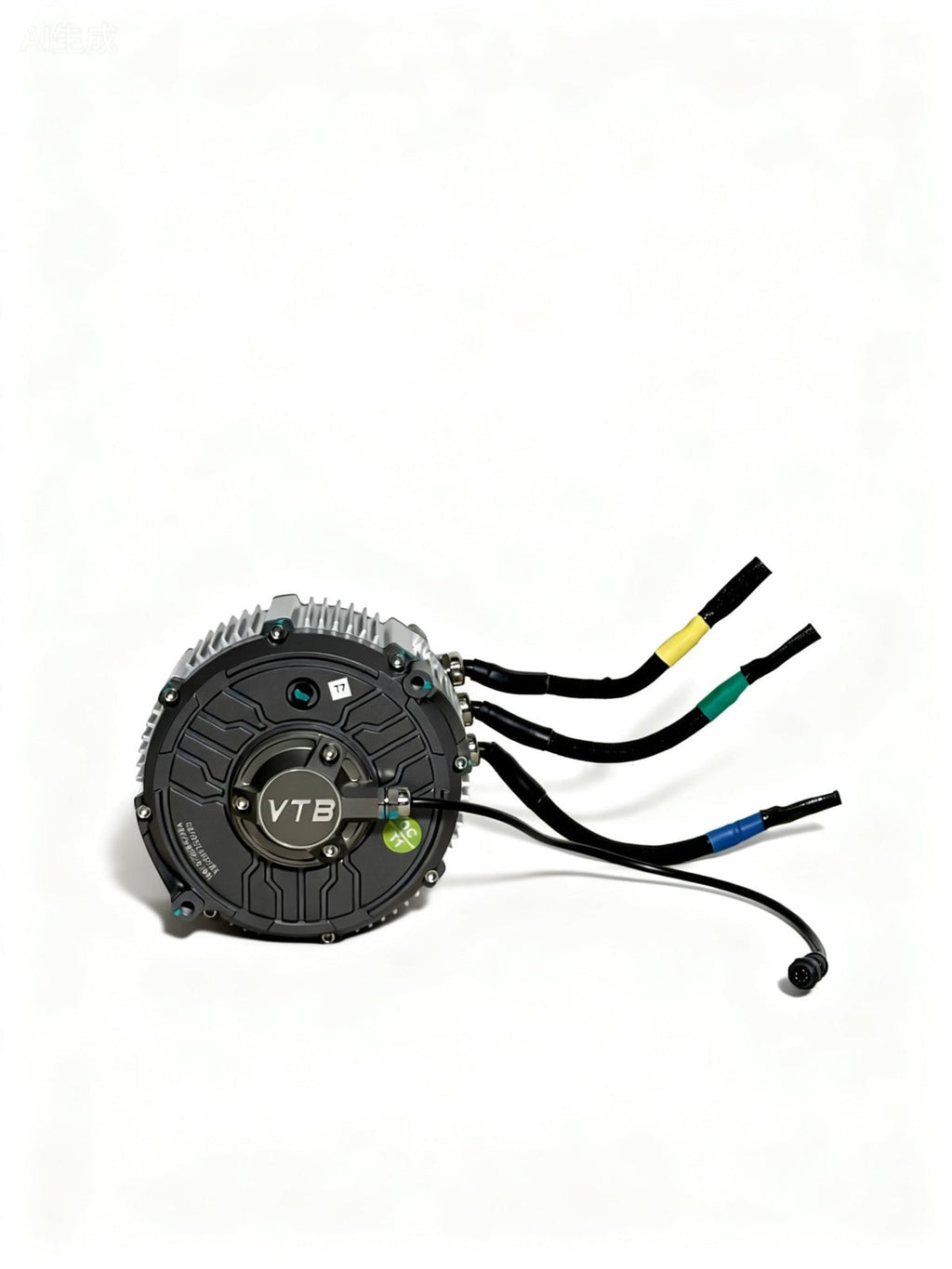 Modded Moto Co Ventus 28 kW Light E-Moto electric motor showing cooling fins and wiring setup.