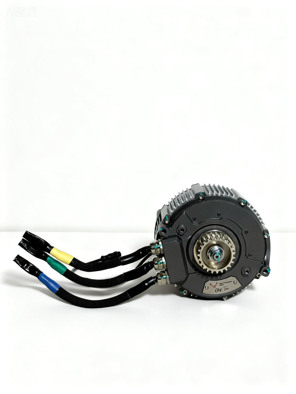 Modded Moto Co Ventus 28 kW Light E-Moto motor, compact electric motor with cooling fins and wiring for electric vehicle use.