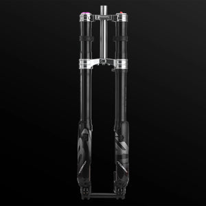 RFloXa Hawk31 Pro fork by Modded Moto Co, featuring a sleek black design and advanced suspension components.