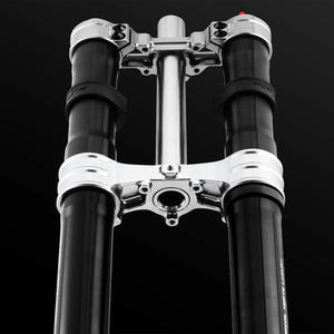 RFloXa Hawk31 Pro Fork by Modded Moto Co, close-up view showing sleek black design and construction details.