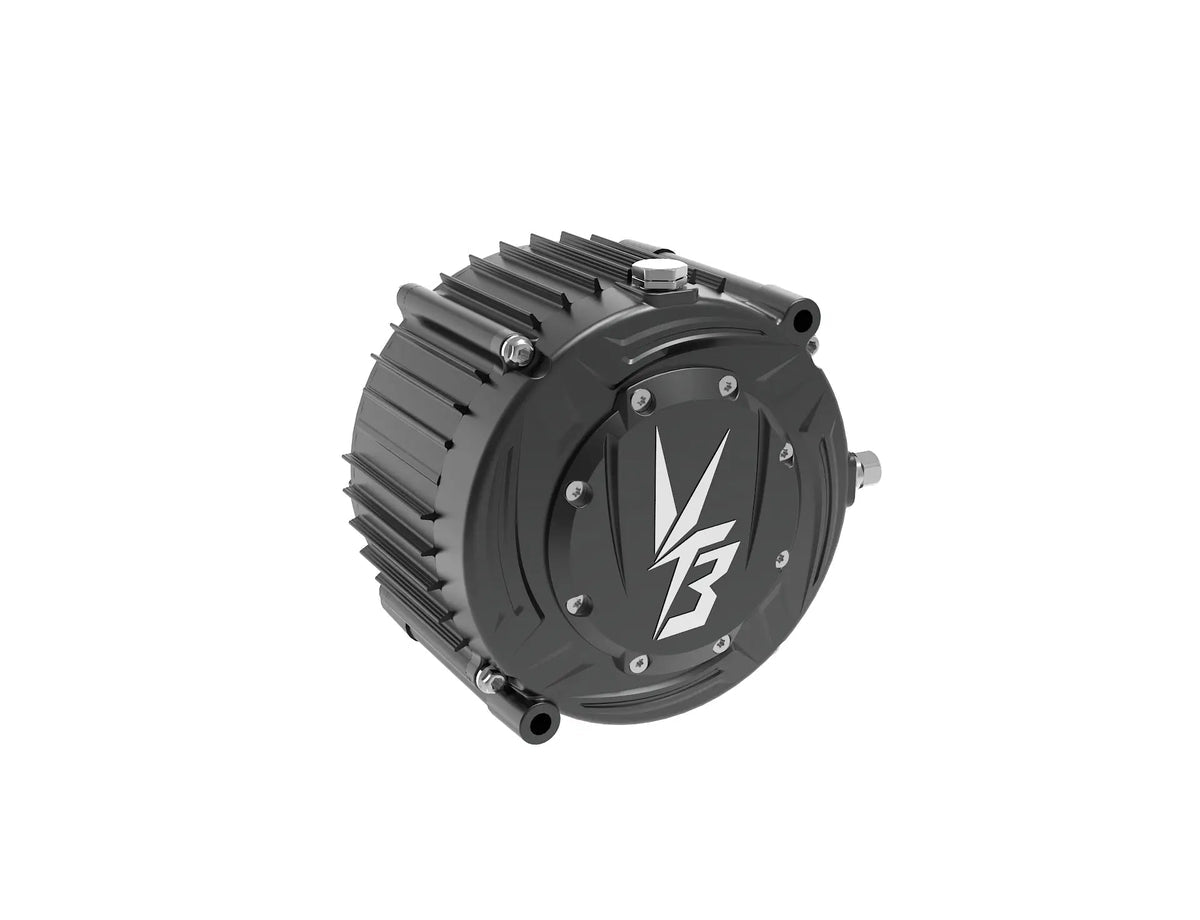Modded Moto Co Ventus Ryuga 52kW electric motor with cooling fins and wiring, showcasing the high-performance motor design.