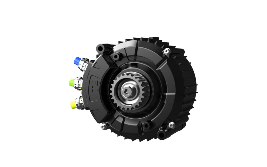 Modded Moto Co Ventus Ryuga 52kW motor showing compact black electric motor with cooling fins and wiring connections.