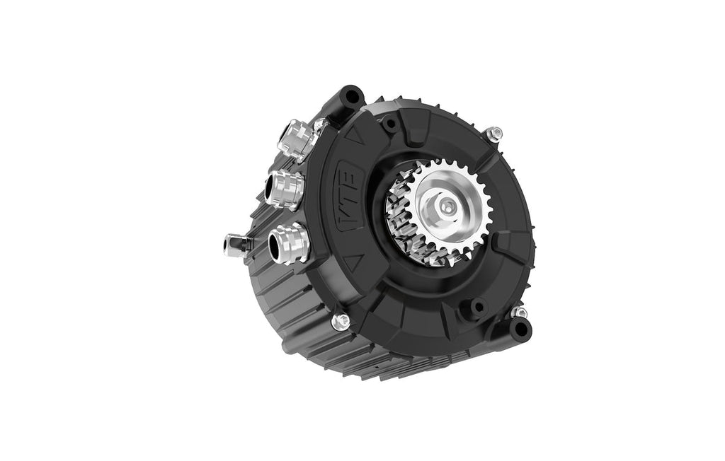Modded Moto Co Ventus Ryuga 52kW electric motor showing its compact design and cooling fins on a clean background.