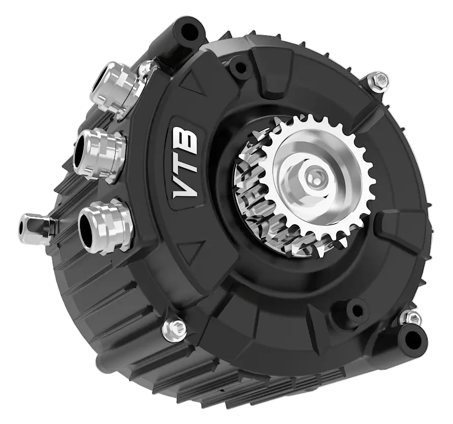 Modded Moto Co Ventus Ryuga 52kW electric motor with cooling fins and wiring visible in a close-up image.