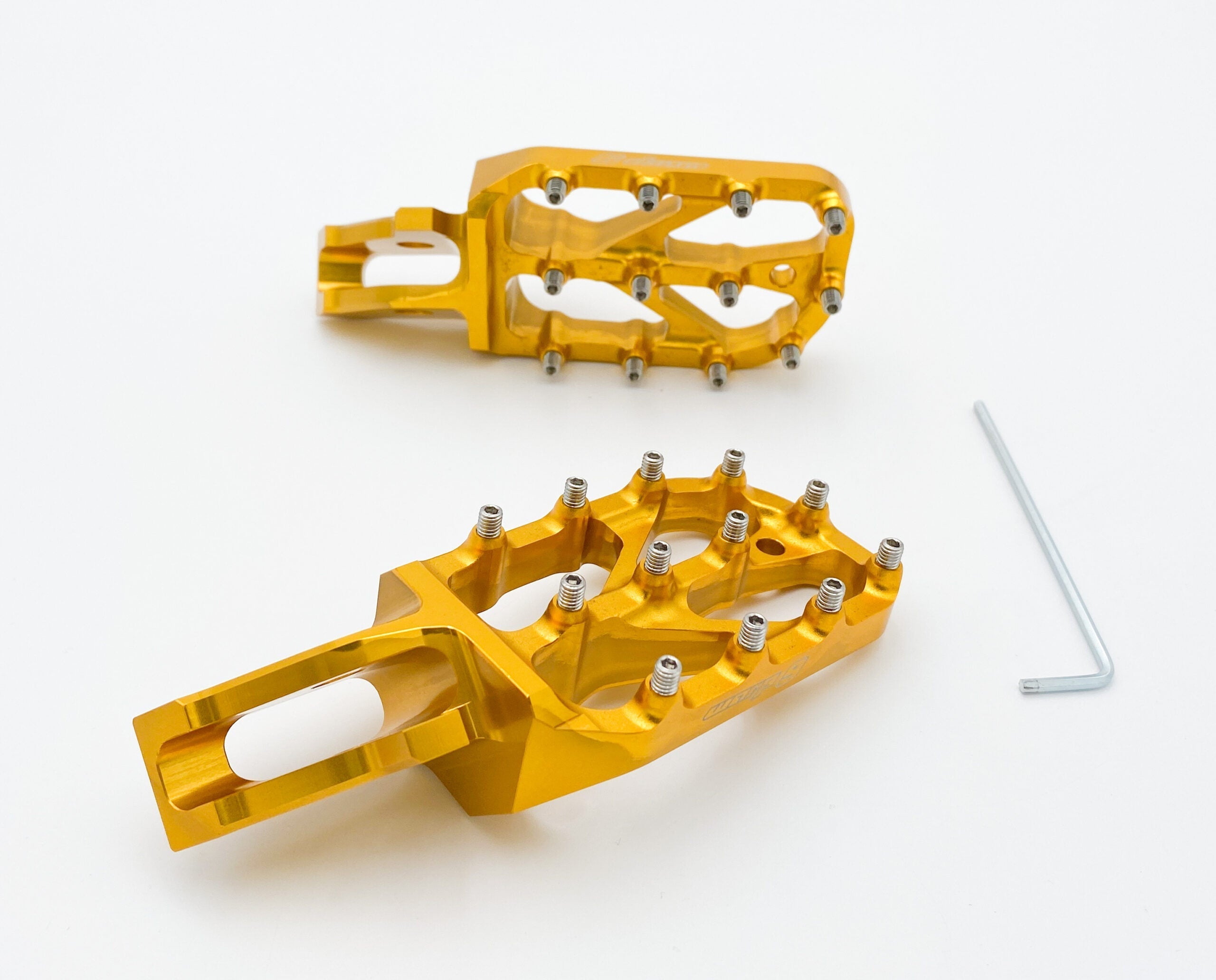 Modded Moto Co Warp 9 Ultra Bee Elite foot pegs with black finish, sturdy metal construction, and textured grip for motorcycle riding.