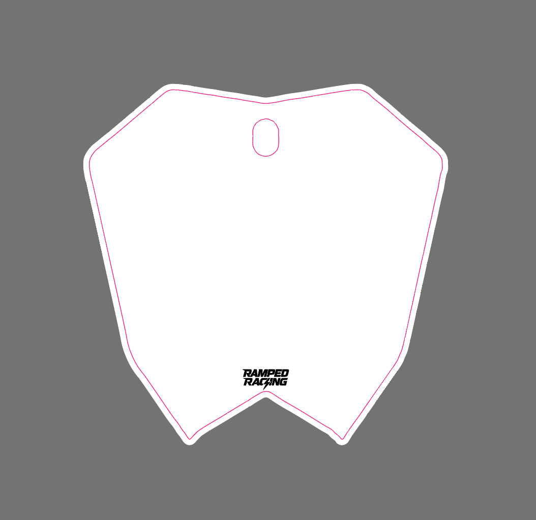 Ramped Racing Etm Rtr front plate motorcycle decal featuring bold black and white design on a sleek motorcycle background.