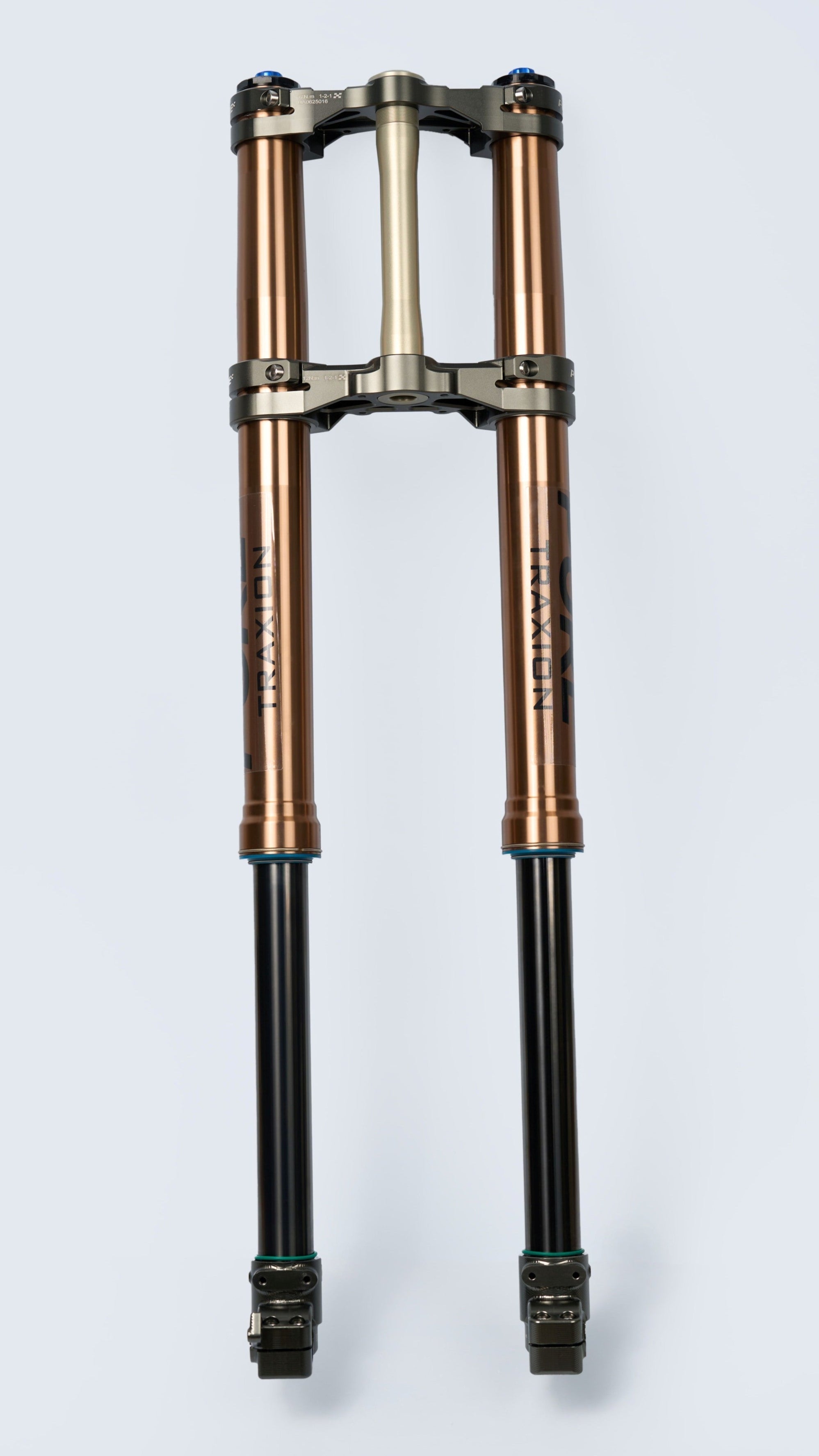 Rear view of Pure Traxion fork suspension for Surron Ultra and Talaria Komodo from Modded Moto Co, showcasing the high-performance design.