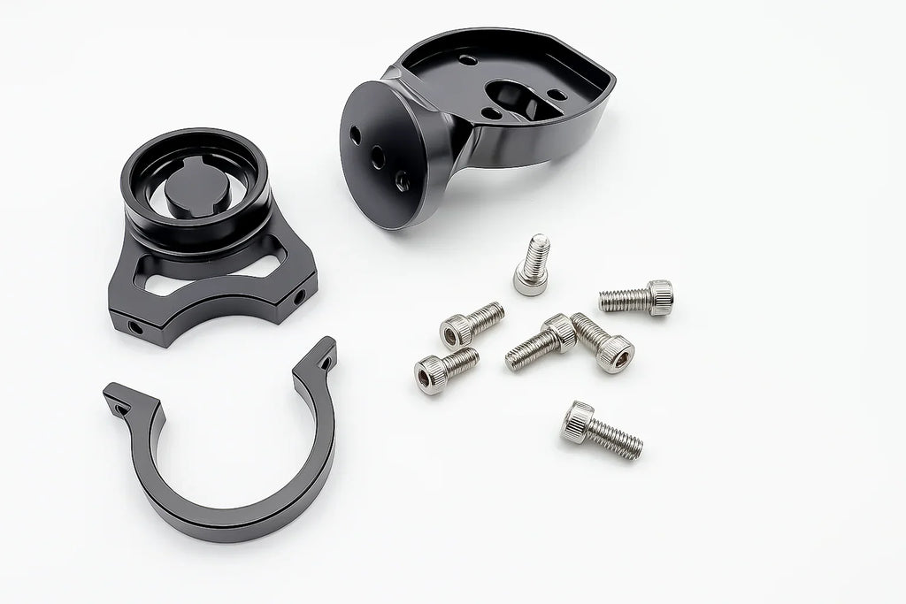 Modded Moto Co Warp 9 E-Ride Pro display mount for cockpit and controls, shown disassembled with mounting components on a black background.