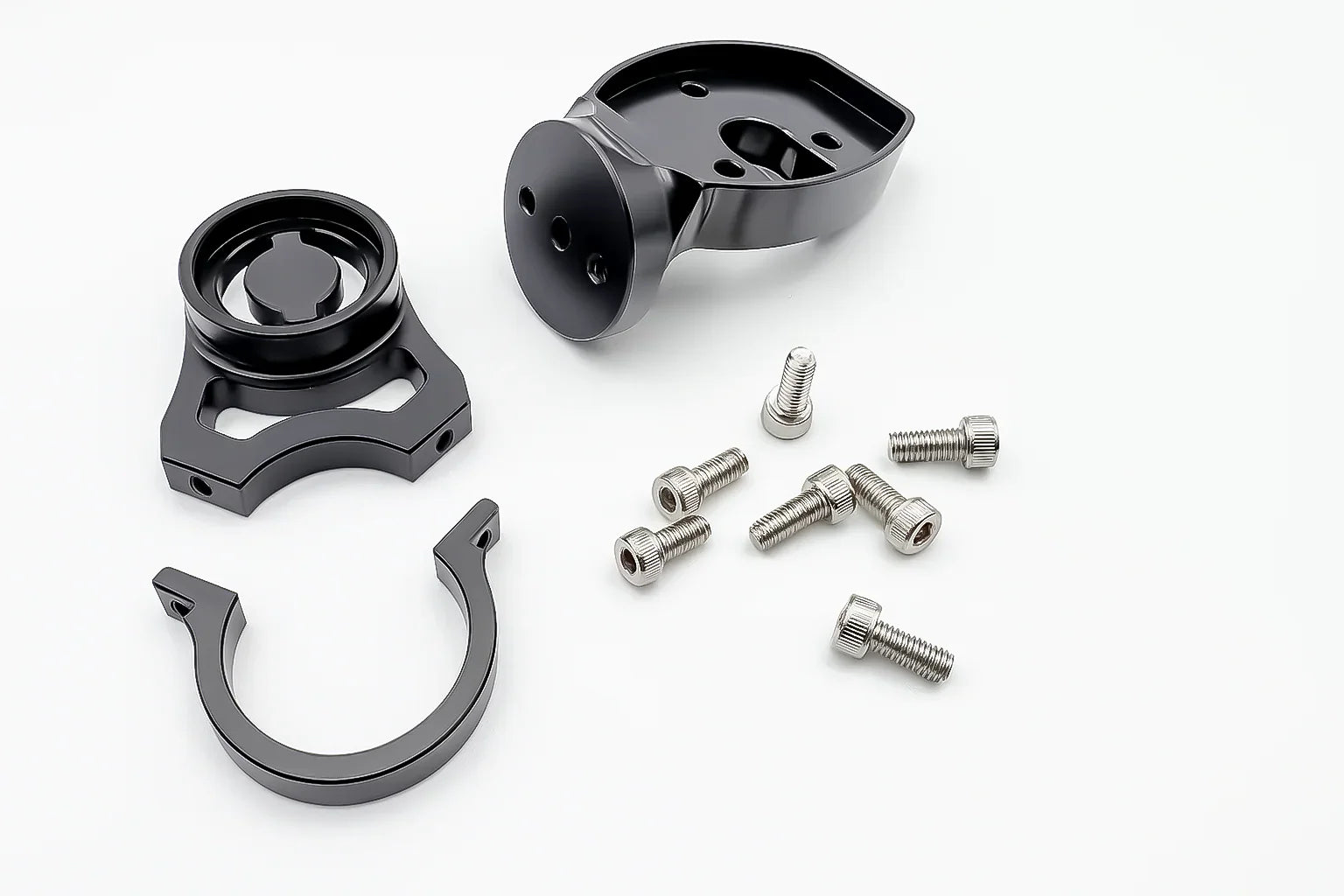 Modded Moto Co Warp 9 E-Ride Pro display mount for cockpit and controls, shown disassembled with mounting components on a black background.