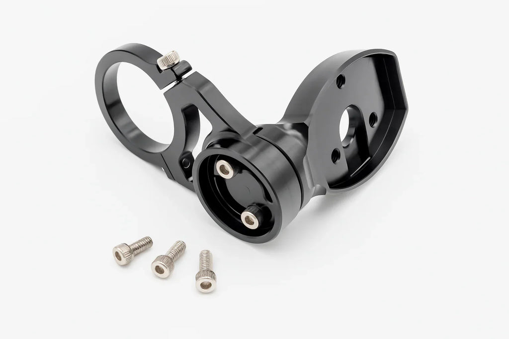 Warp 9 E-Ride Pro display mount from Modded Moto Co, designed for cockpit and controls, shown assembled in black.