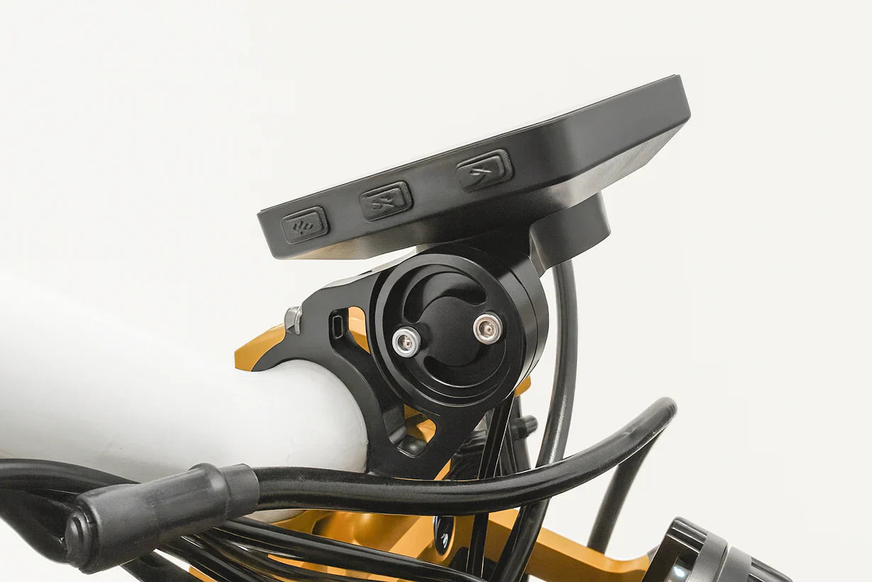 Modded Moto Co Warp 9 E-Ride Pro display mount attached to motorcycle cockpit and controls, showcasing sleek black design.