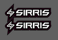 Ramped Racing Sirris Fork Tube decal for motorcycles, featuring bold black and white graphic design on a transparent background.
