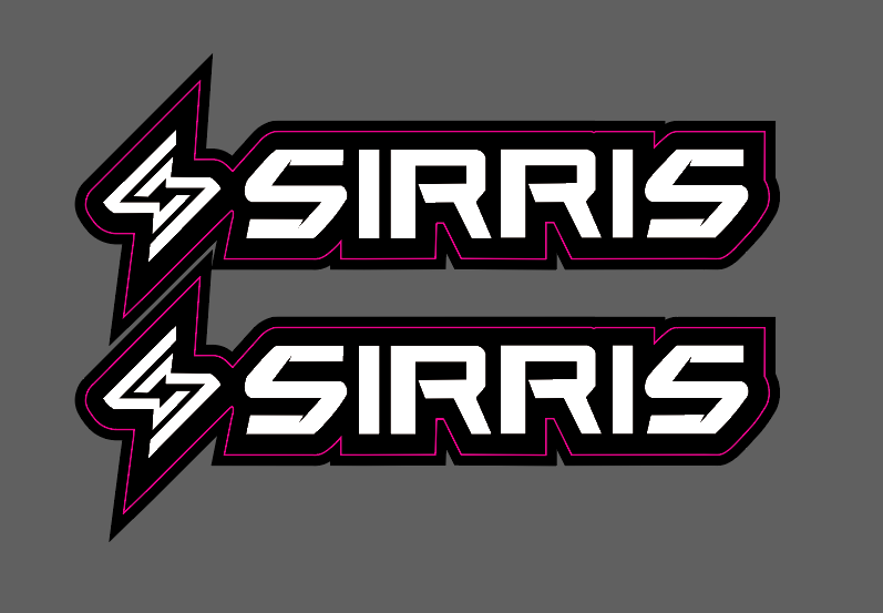 Ramped Racing Sirris Fork Tube decal for motorcycles, featuring bold black and white graphic design on a transparent background.
