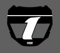 Ramped Racing Vented Cut Odi Front Plate Decal on motorcycle, featuring bold black and white design with vented cut edges.