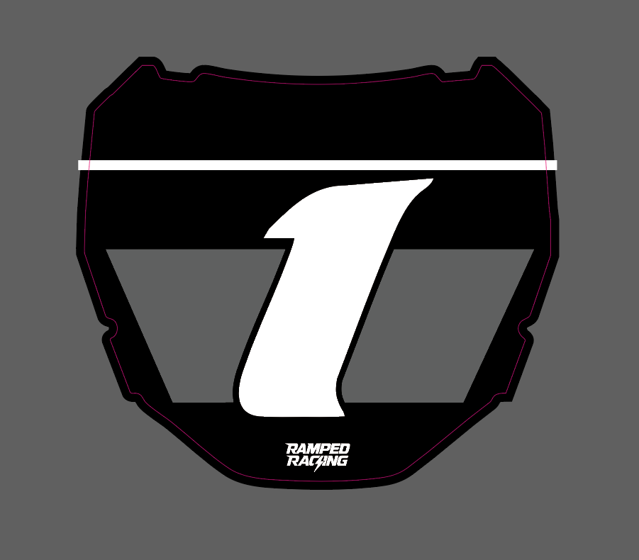 Ramped Racing Vented Cut Odi Front Plate Decal on motorcycle, featuring bold black and white design with vented cut edges.