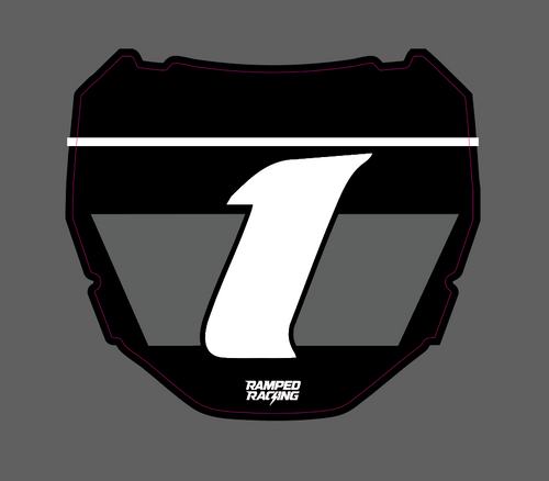 Ramped Racing Vented Cut Odi Front Plate Decal on motorcycle, featuring bold black and white design with vented cut edges.