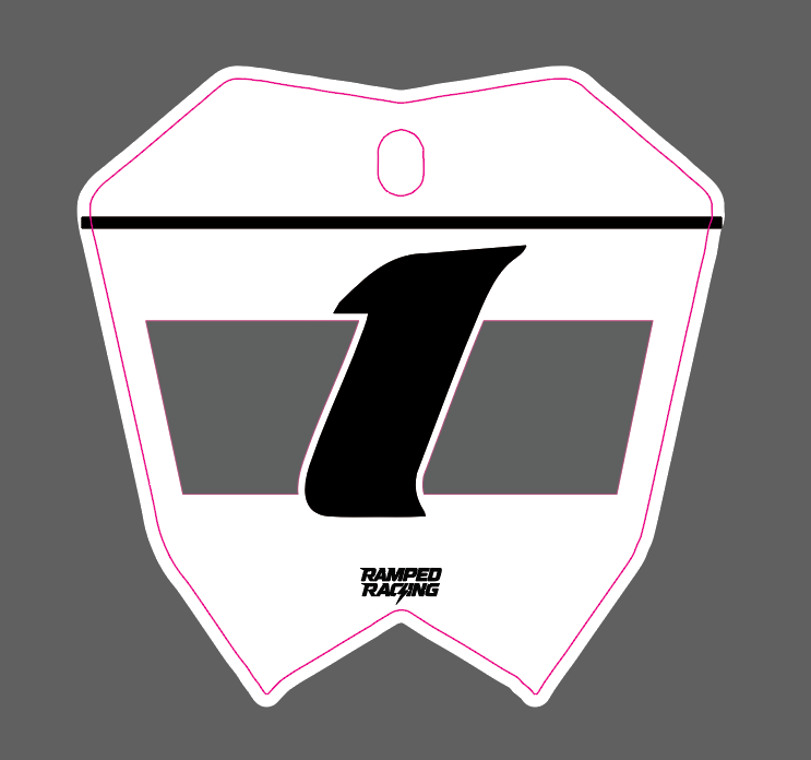 Ramped Racing vented cut RTR front plate decal for motorcycle, featuring bold black and white design on a clear background.