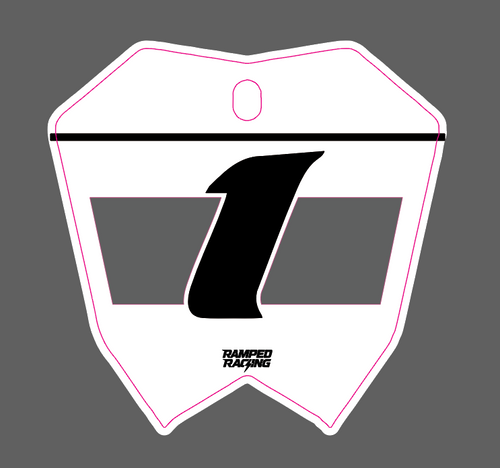 Ramped Racing vented cut RTR front plate decal for motorcycle, featuring bold black and white design on a clear background.