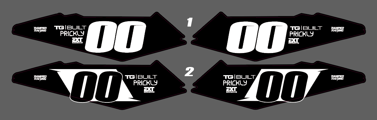 Ramped Racing Surron LBX/Eride Pro side fender decals shown on a motorcycle with detailed graphic designs.