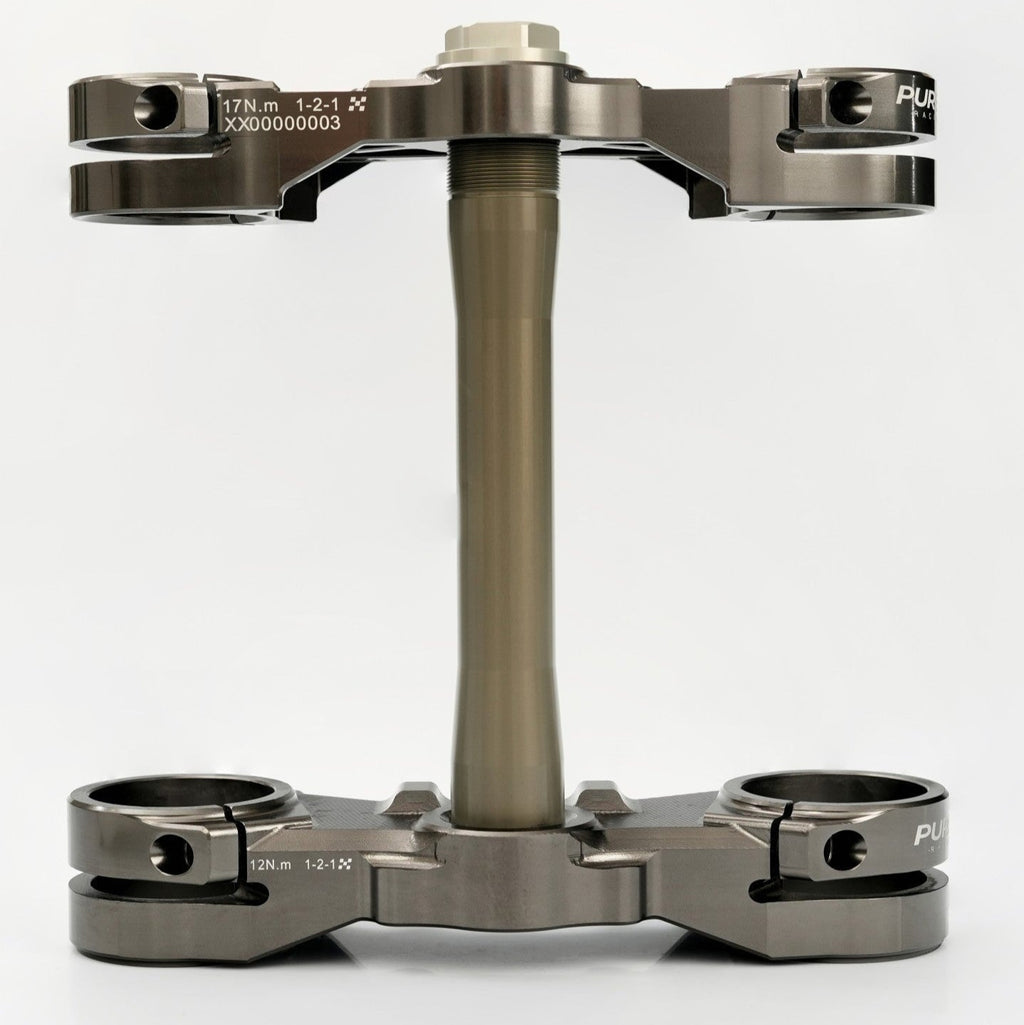 Modded Moto Co Pure Racing Surron Ultra Talaria Komodo suspension forks with Traxion Crown 2 design.
