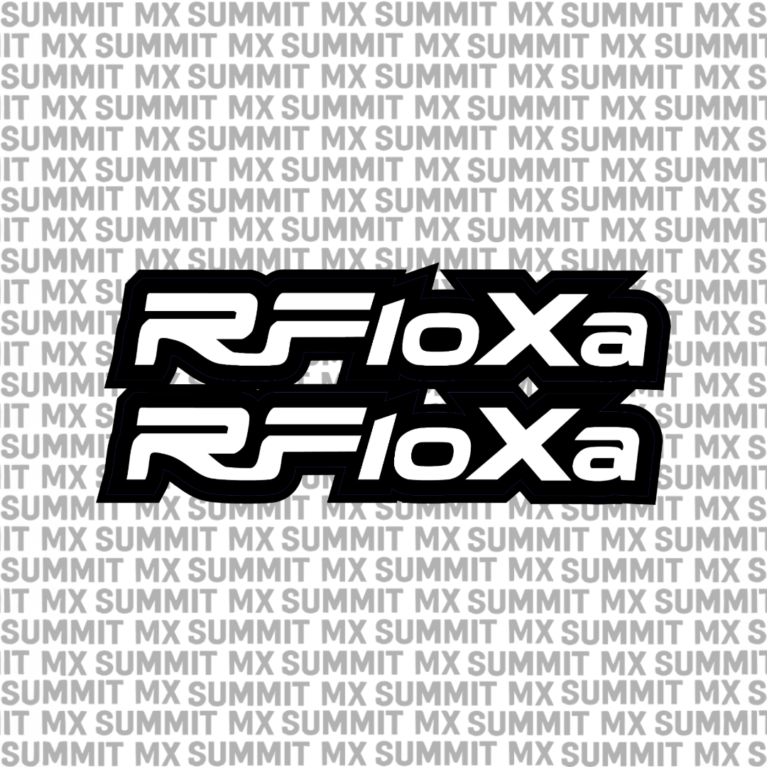 RFloXa Fork Tube Decal for E-Moto bikes, featuring Summit MX branding, with bold black and white design on a motorcycle fork tube.