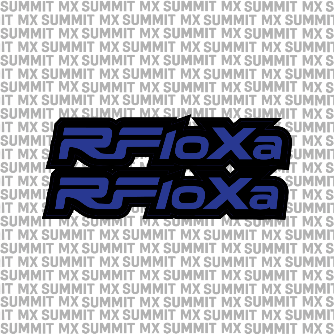 RFloXa Fork Tube Decal by Summit MX, E-Moto Decal with bold RFloXa logo on a black fork tube for motorcycle customization