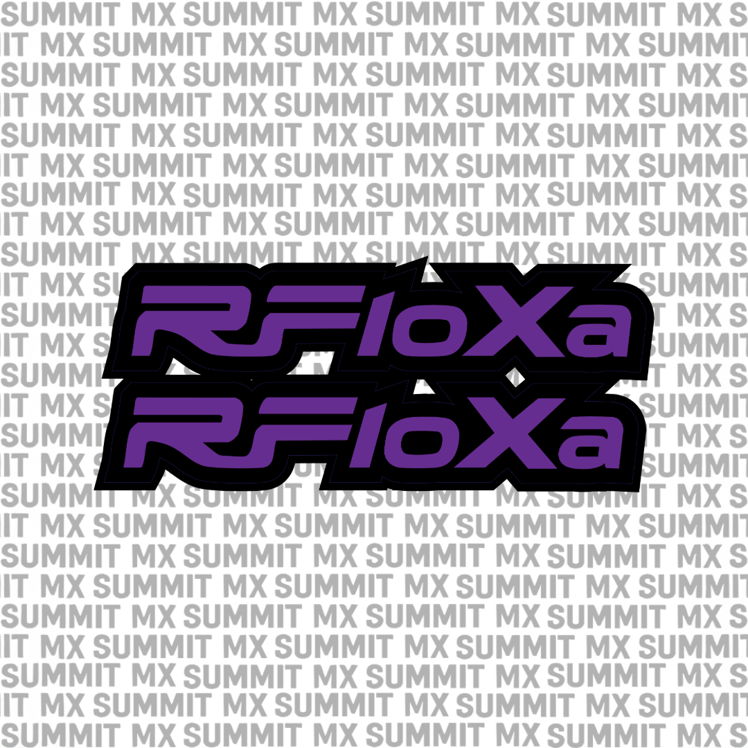 RFloXa Fork Tube Decal by Summit MX for E-Moto bikes, featuring bold lettering on a black background for motorcycle fork customization.
