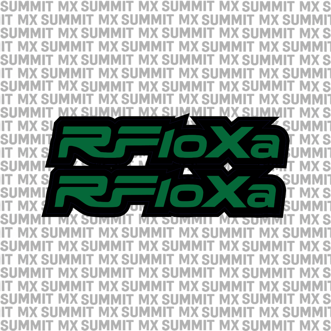 Summit MX RFloXa Fork Tube Decal on motorcycle fork, black and white design, E-Moto decal for bike customization.