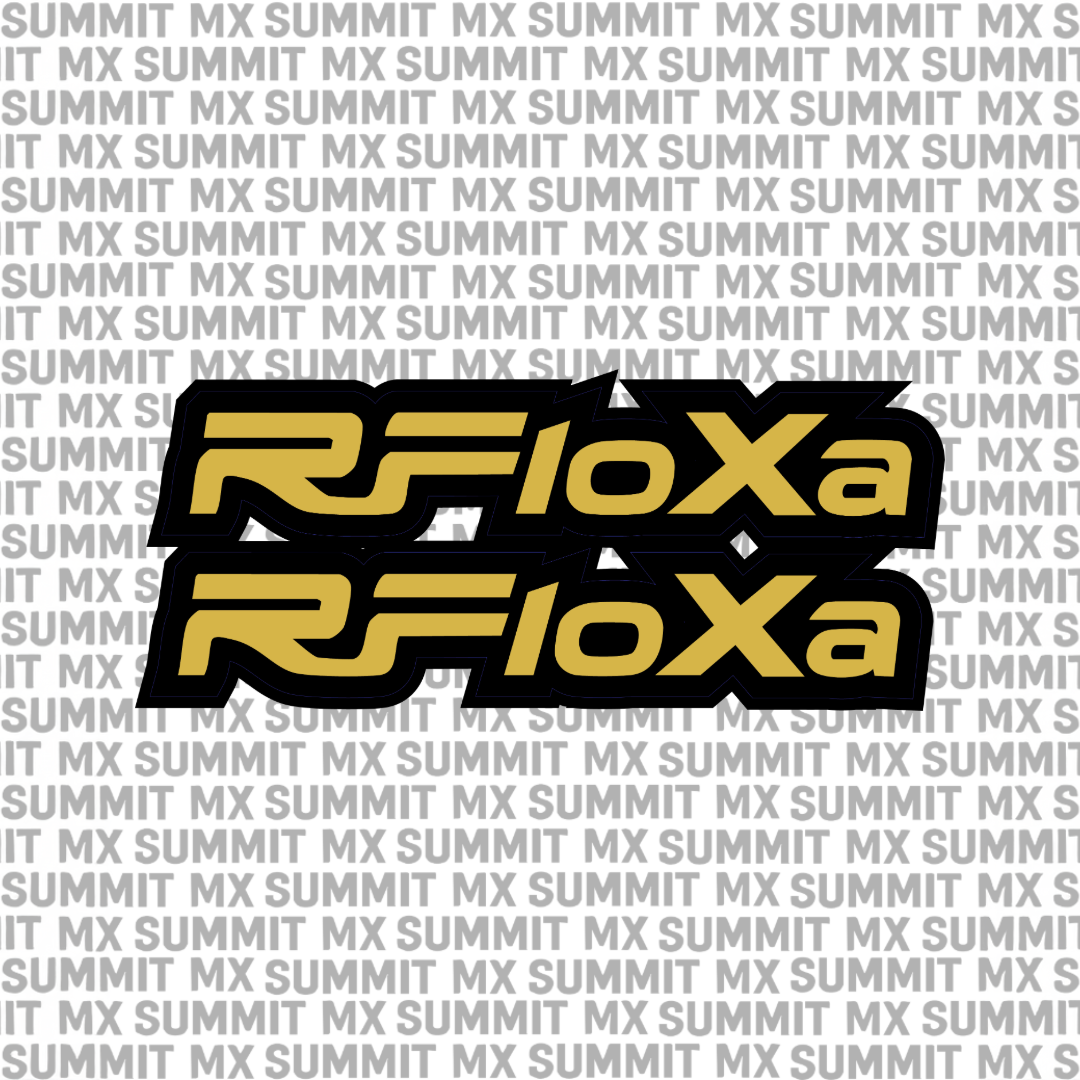RFloXa Fork Tube Decal for E-Moto bikes by Summit MX, featuring black and red graphic design on metallic fork tube
