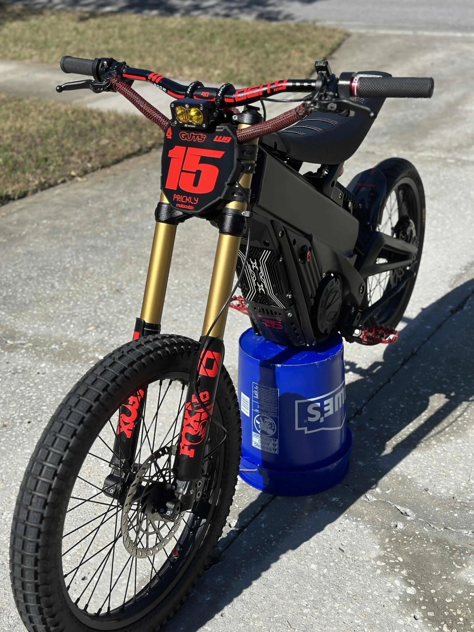 MXwraps E-bike fork vinyl wrap kit installed on bike fork, showcasing durable, stylish protection for bicycle components.