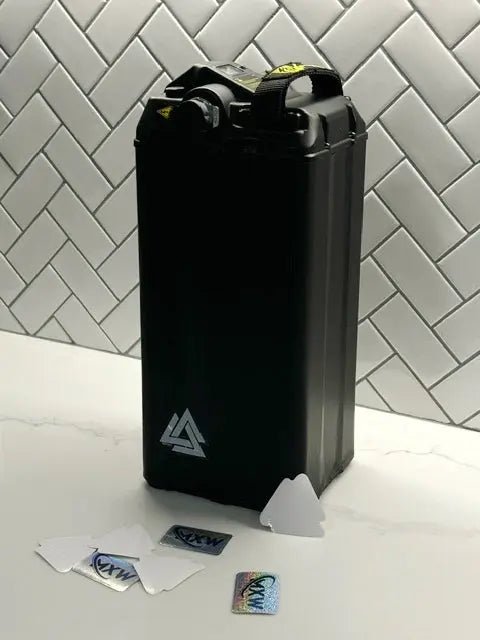 MXwraps 72V E-Bike battery vinyl conversion kit with custom design, featuring a sleek, colorful pattern on the battery wrap.