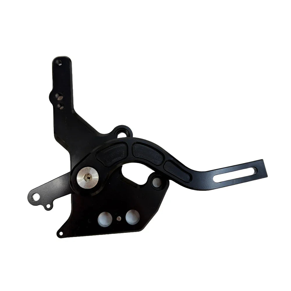 Emoto Flux Surron Light Bee and Eride Pro Moto foot brake bracket installed on electric bike, showing detailed metal component and mounting points.
