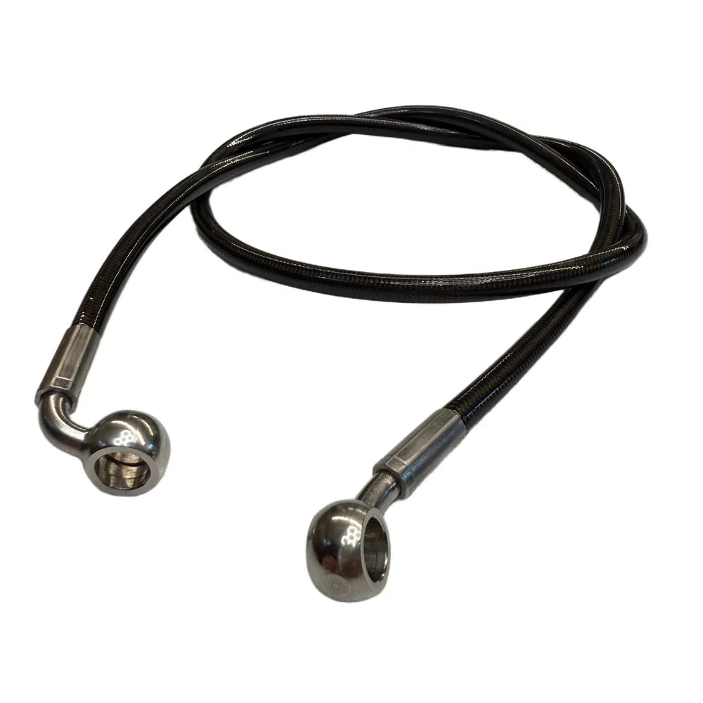 Emoto Flux Surron Light Bee/Eride Pro Moto foot brake kit with brake line and components, viewed from bottom angle.